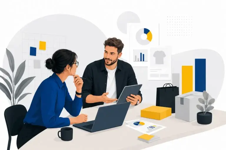 Twee professionals bespreken e-commerce, online winkelen en consumententrends aan een bureau.