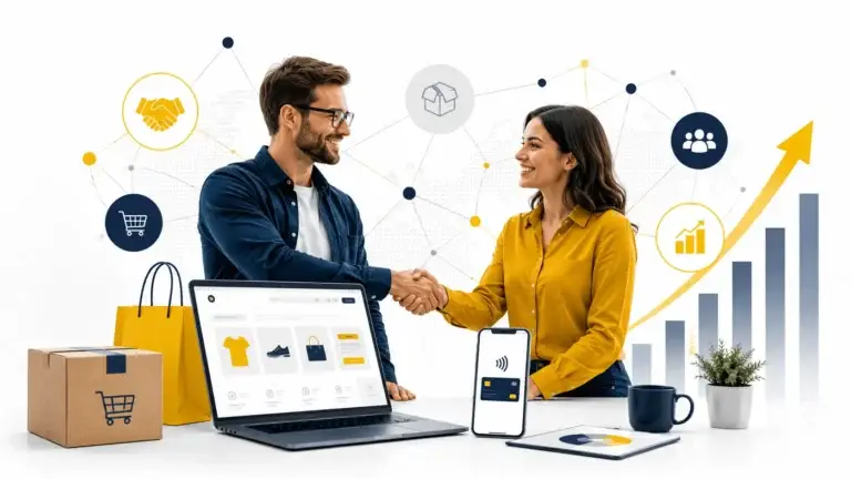 Zakelijke partners werken samen rond e-commerce, online winkelen, digitale betalingen en groei bij Just Webshop.