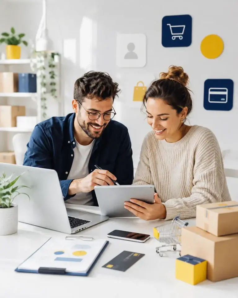 Twee professionals bespreken e-commerce en online winkelen met laptop, tablet, smartphone en pakketten.