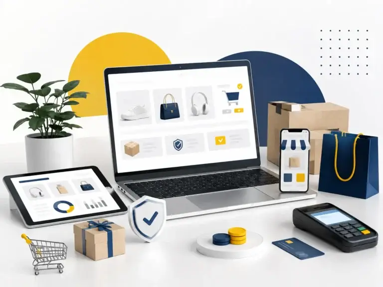 Illustratie van online winkelen met laptop, smartphone, betaalterminal, pakketten en veilige digitale betaalmethoden.