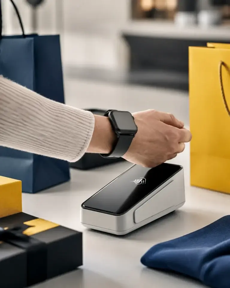 Klant betaalt contactloos met een smartwatch bij een moderne betaalterminal.